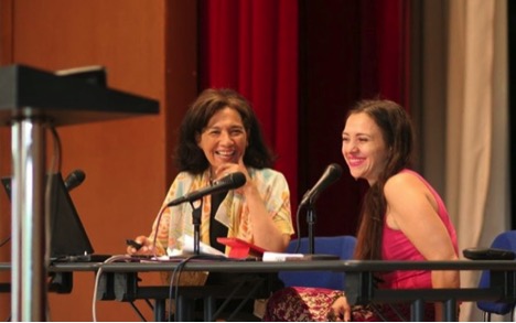 Maria Taveras presenting her keynote address at the conference of Russian Jungians in Moscow, with translator Natalia Pavlikova.